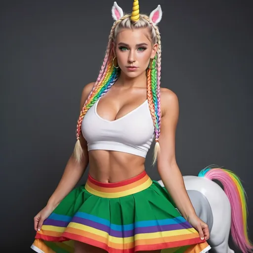 Prompt: White caucasian  Blonde female green eyes  micro braided rainbow colored updo hair wearing matching outfit 2 piece revealing large cleavage and matching skirt tight riding unicorn rainbow