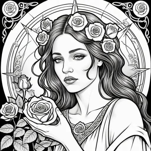 Prompt: Coloring page A morning star woman holding a rose of sorrow Inside a realm of her own thoughts 