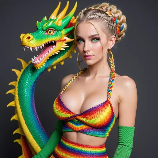 Prompt: White caucasian  Blonde female green eyes  micro braided rainbow colored updo hair wearing matching outfit 2 piece revealing large cleavage and matching skirt tight carrying a small colorful dragon