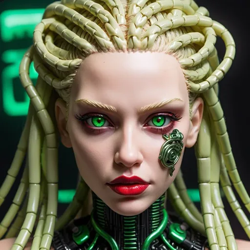 Prompt: Painted art cyberpunk medusa microbraided blonde hair green eyes red silicon lips close up face