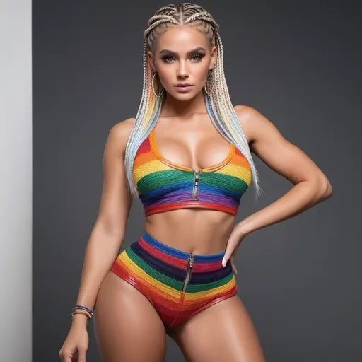 Prompt: A blonde female rainbow micro braided hair crazy design with large cleavage revealing small waist wearing a crop top short cut and high cut night wear 2 piece leather 