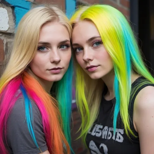 Prompt: graffitti blonde neon rainbow long hair the Chester cat and Alice