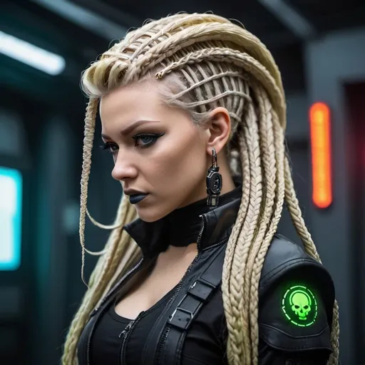 Prompt: cyberpunk medusa microbraided blonde hair 