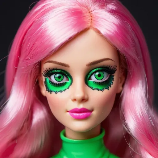 Prompt:  barbie with green eyes and cosplay psycadelic and morbid 