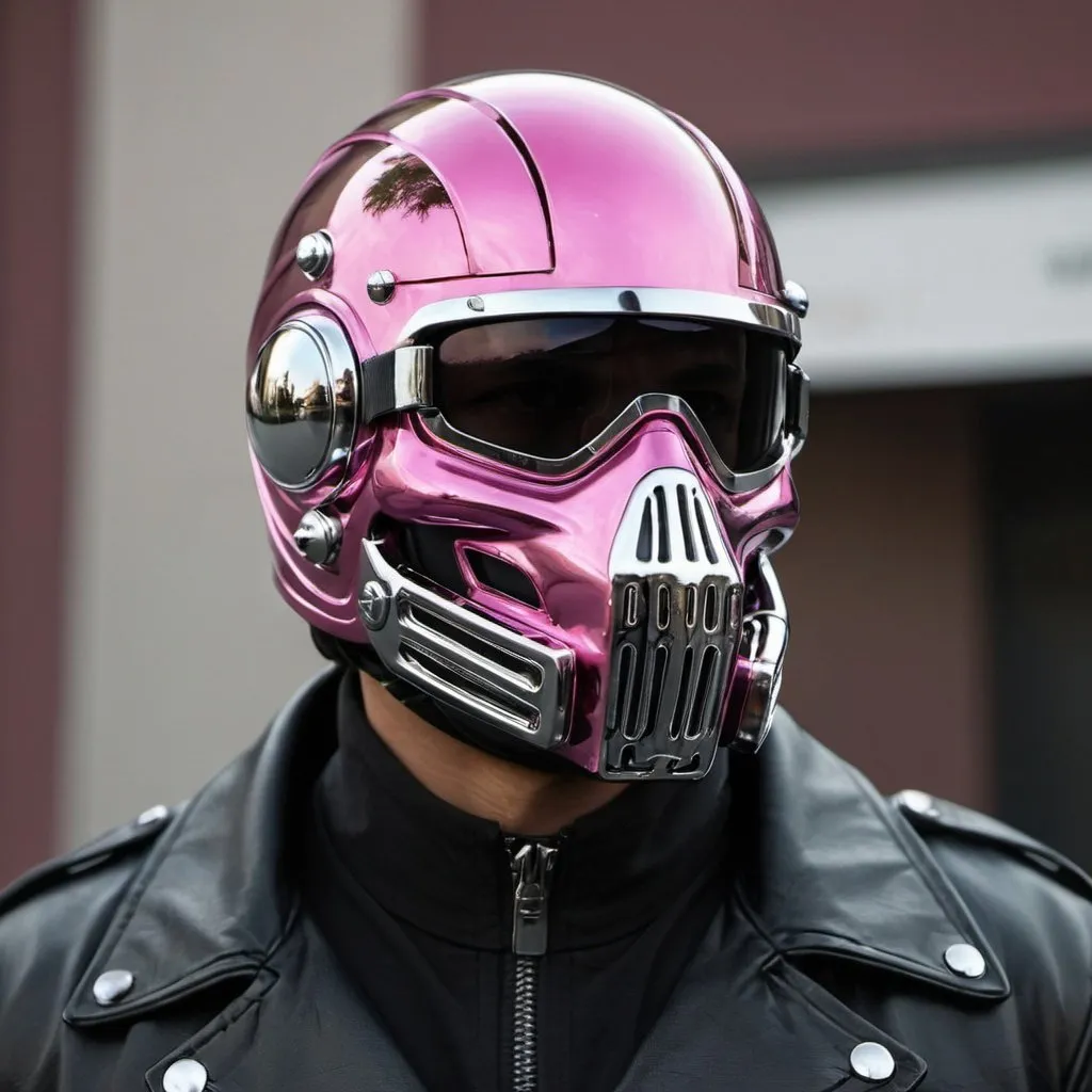 Prompt: Gangster pink chrome face helmet mask creative custom Cyber punk The perfect man riding a matching harley davidson