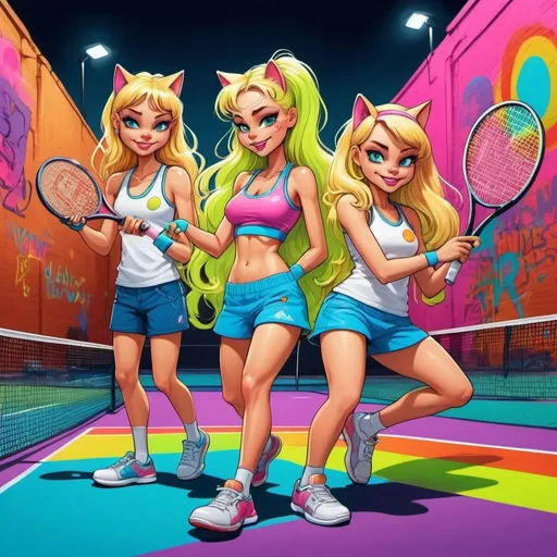 Prompt: Cartoon attitude  characture graffitti blonde neon rainbow long hair the Chester cat and Alice plating a game of tennis