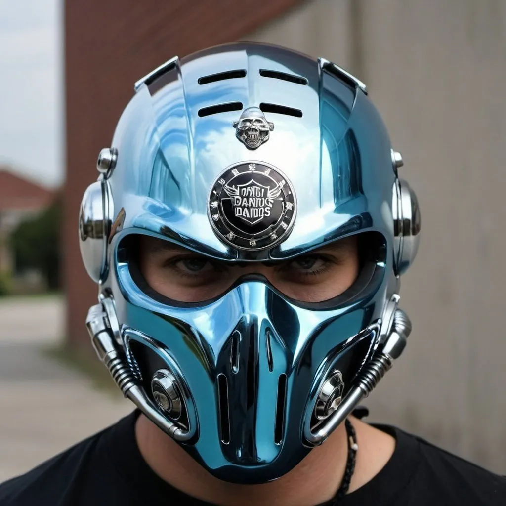 Prompt: Gangster light blue chrome face helmet mask creative custom Cyber punk The perfect man matching harley davidson