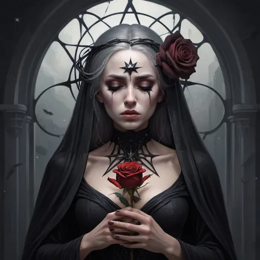 Prompt: A morning star widow holding a blvk rose of sorrow Inside a realm of her own thoughts 
