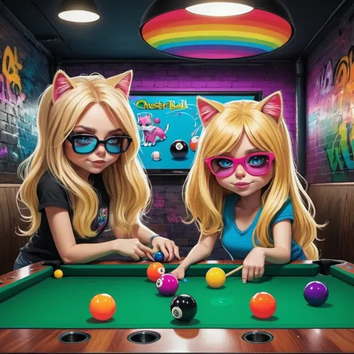 Prompt: Cartoon attitude  characture graffitti blonde neon rainbow long hair the Chester cat and Alice plating a game of 8ball pool