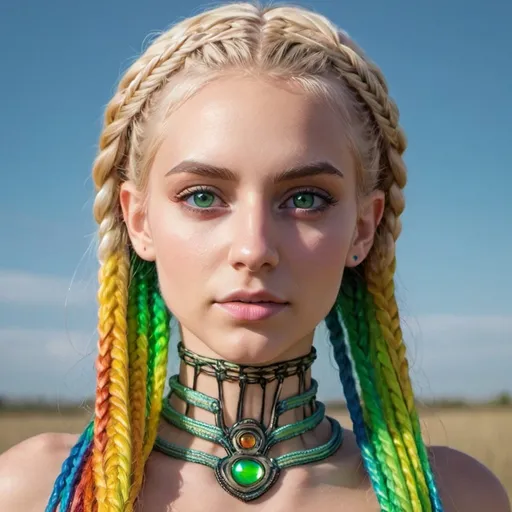 Prompt: Blonde female green eyes rainbow microbraided hair standing with an alien 