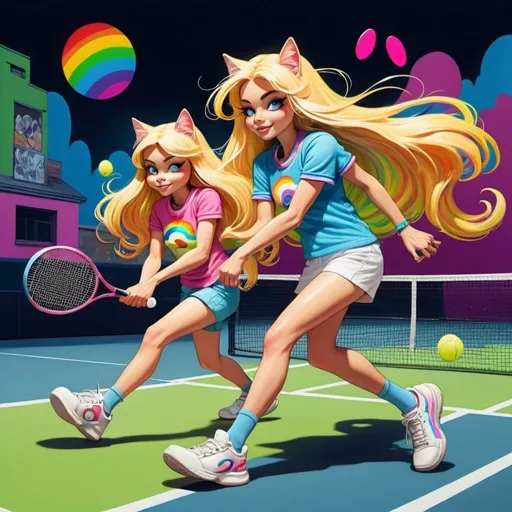 Prompt: Cartoon attitude  characture graffitti blonde neon rainbow long hair the Chester cat and Alice plating a game of tennis