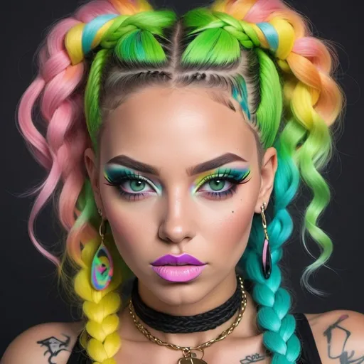 Prompt: Pastel graffiti gangster character green eyes revealing extra large cleavage with rainbow pastel microbraided hair and full lips designer unique loud makeup bold adorn