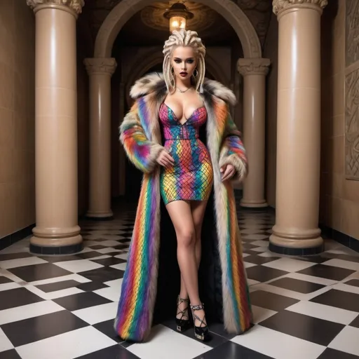 Prompt: microbraided blonde and rainbow hair revealing extra large cleavage full lips
with high heel shoes wearing a matching fur coat and checkered tiled floor with black tribal medusa statues  castle
