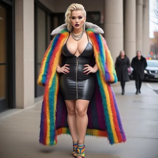 Prompt: microbraided blonde and rainbow hair revealing extra large cleavage full lips
with high heel shoes wearing a 2 piece leather with matching fur coat 