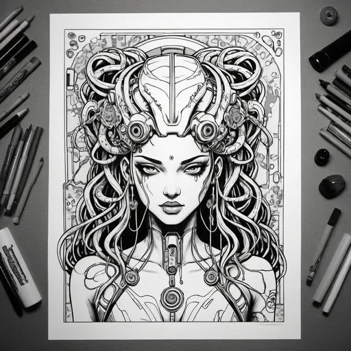 Prompt: Coloring page Sedusa Adornment graffiti art print cyberpunk 
