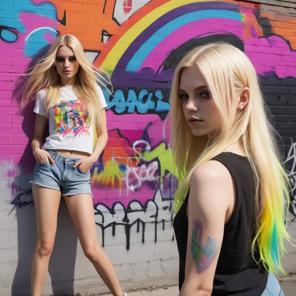 Prompt: graffitti blonde neon rainbow long hair and Alice playing grand theft auto