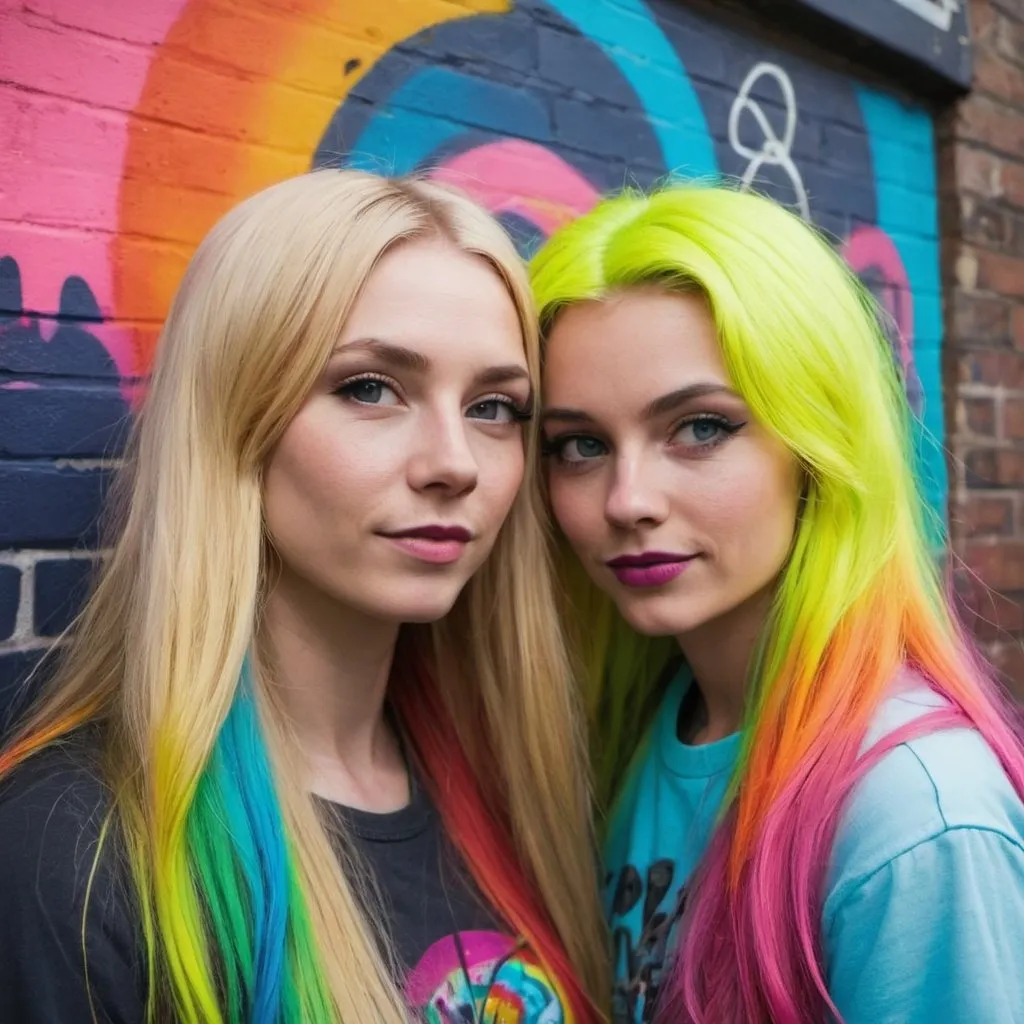 Prompt: graffitti blonde neon rainbow long hair the Chester cat and Alice