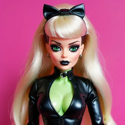 Prompt: Dominatrix barbie with green eyes and cosplay psycadelic and morbid 