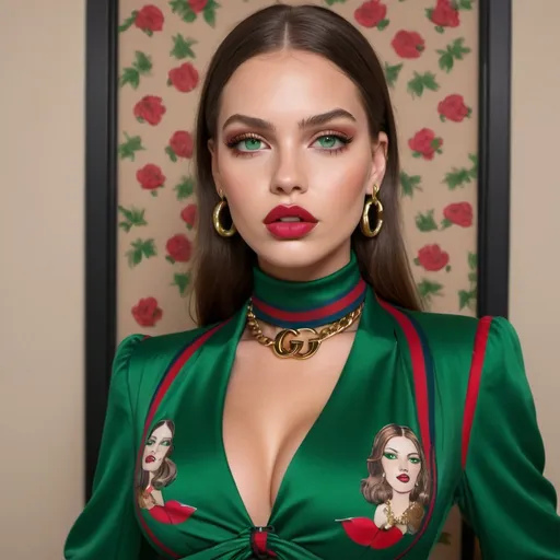 Prompt: Beautiful silicon rounded model perfect destinct face, green vibrant natural colored eyes,with boldest designer outfit REVEALING EXTRA LARGE CLEAVAGE full silicon lips wearing custom 2 piece  designer gucci outfit gucci pattern