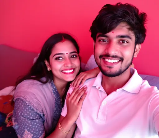 Prompt: A warm and inviting atmosphere envelops the scene, where two young individuals smile brightly at the camera, exuding joy and connection. The man, with tousled hair and an engaging grin, wears a crisp white polo shirt, while the woman, adorned with a nose ring and a subtle bindi, rests her hand gently on his shoulder, highlighting their close bond. The backdrop features a soft, reddish wall, which adds a cozy intimacy to the moment. The lighting is soft, enhancing the glow of their expressions and creating an overall feeling of happiness and friendship, as if the photo captures a cherished memory shared between them in a comfortable environment.