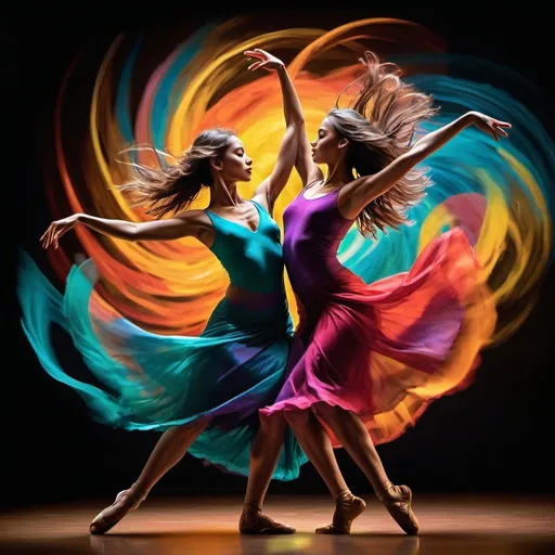 Prompt: (dynamically movement pose of dancers), rhythm and grace in motion, (fluid choreography), vibrant colors swirling together, illuminated by a dazzling glow, capturing the energy of dance, energetic atmosphere, high contrast lighting, lively background, (celebratory ambiance), expressive faces reflecting joy and passion, (ultra-detailed) twirling figures, evoking freedom and creativity in motion. 