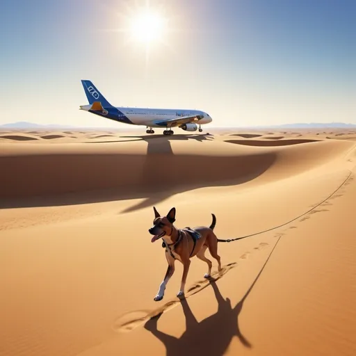 Prompt: (mymodel) walking through a vast desert, (strong sunlight), the sun casting long shadows on the golden sand dunes, (an airbus plane) soaring in the clear blue sky, (dog on a leash) eagerly trotting beside, (intriguing details) in the background like distant sand mountains and sparse vegetation, (highly detailed) vibrant colors, (ultra-detailed) with a sense of adventure and exploration, (4K resolution).