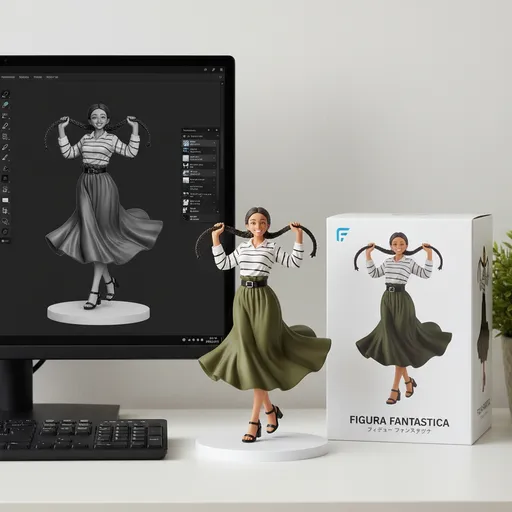 Prompt: The photograph captures a detailed scene set in a modern, minimalist office environment. Central to the image is a small, figurine-like statue of a smiling woman with a light brown skin tone, standing on a white circular base. She has her long, dark braided hair raised and held in both hands. She is dressed in a white, long-sleeved, striped blouse with black horizontal lines, and a high-waisted, olive green, flowing skirt with a wide belt. She is also wearing black high-heeled sandals.
To the left of the statue, there is a large computer monitor displaying a digital drawing of the same woman in a similar pose, with a grayscale color scheme. The digital drawing shows her in mid-motion, with her braided hair raised and her skirt flowing. The monitor's screen has a dark background with a visible toolbar and several small icons on the right side.
To the right of the statue, there is a boxed figurine of the same woman, featuring a photograph of her in full color, dressed in the same outfit as the figurine. The box is white with a blue logo and text in English and another language. The background is a plain, off-white wall, and the desk is white, with a black keyboard and a small potted plant partially visible. The overall style of the photograph is clean and modern, emphasizing the figurine and digital artwork.