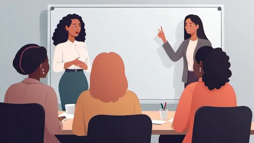 Prompt: Two woman talking in front of a white board to a group of woman. flat illustration, cartoon, vector illustration