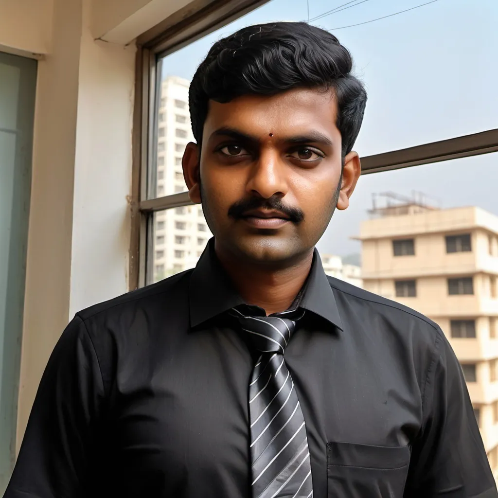 Prompt: a man in a black shirt and a tie and a building and a window with a reflection of him, Bholekar Srihari, samikshavad, jayison devadas, a picture