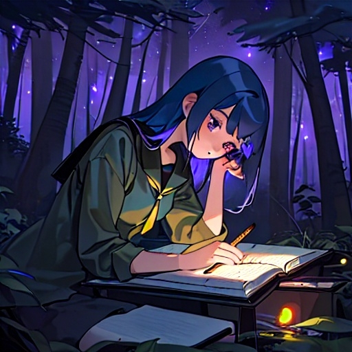 Prompt: a girl with navy blue hair in a forest with fireflies around her and shes drawing in her notebook while laying on a tree near the pond as the black purple sky shimmers and the moon and stars are bright