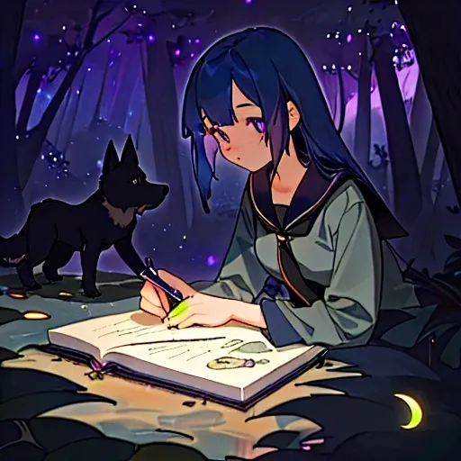 Prompt: a girl with navy blue hair in a forest with fireflies around her and shes drawing in her notebook while laying on a tree near the pond as the black purple sky shimmers and the moon and stars as a dog sits next to her