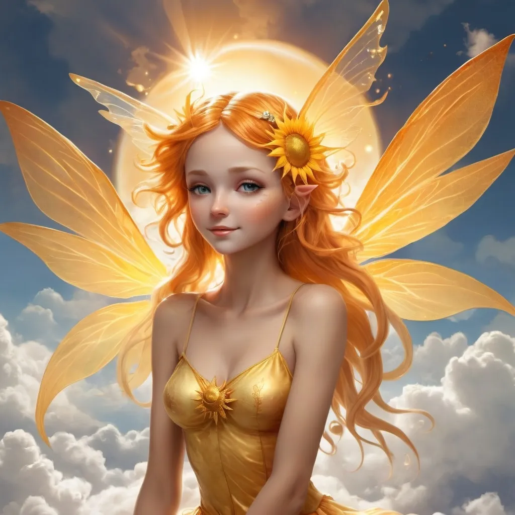 Prompt: a sun fairy who lives up in the clouds and sun and helps people with their wishes