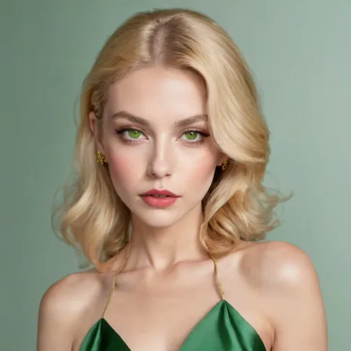 Prompt: a woman whos 5'7, green and a bit of gold eyes, rosy lips, blonde hair in a silk dress