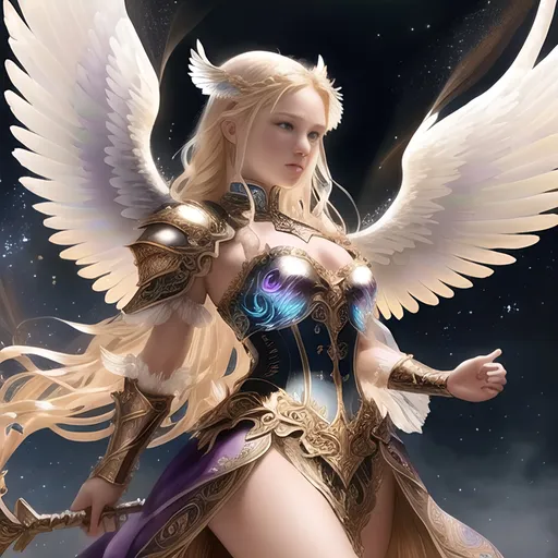 Prompt: Fantasy celestial viking angel, blonde braided hair, wings, oil painting, majestic armor and weaponry, heavenly background, ethereal and luminous, divine aura, intricate details, high quality, oil painting, angelic, fantasy, majestic, ethereal, luminous, intricate details, heavenly background, divine aura, 18-23 years old. large, majestic wings that are fully spread and detailed iridescent feathers and emit a spectrum of neon colors, with lights that appear to run through its body, giving it a vibrant, almost fiber-optic appearance. wearing an ornate, armored bodice paired with flowing, sheer fabric that makes up a skirt or gown. The attire is adorned with intricate designs, possibly metallic or silver in color, that suggest a regal or warrior-like status.
