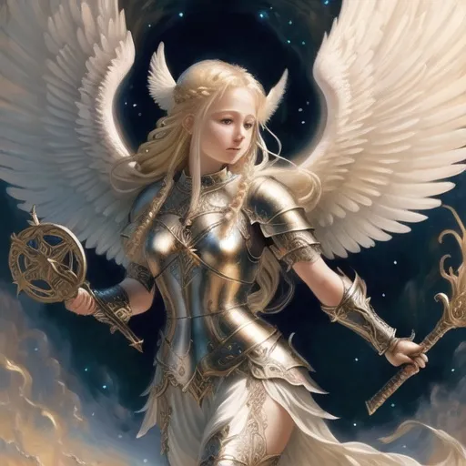 Prompt: Fantasy viking angel, blonde braided hair, wings, oil painting, majestic armor and weaponry, heavenly background, ethereal and luminous, divine aura, intricate details, high quality, oil painting, angelic, fantasy, majestic, ethereal, luminous, intricate details, heavenly background, divine aura