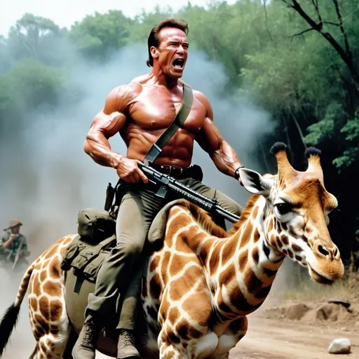 Prompt: A photo of Arnold Schwarzenegger as Rambo. He's shooting enemies with big guns in each hands. He's screaming. He is crazy. Lot of blood on his clothes. He is riding a girafe.