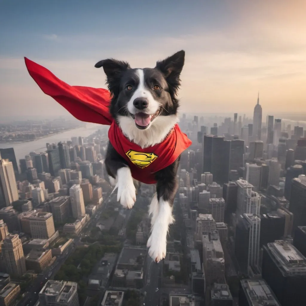 Prompt: A border collie wearing a superhero costume is flying upon a big city.