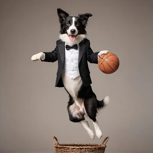 Prompt: A border collie wearing a suit and basket ball shoes is jumping above a very tall basket-ball player