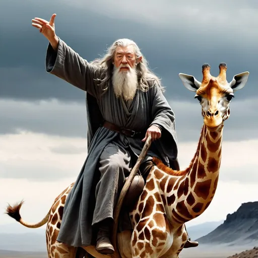 Prompt: Gandalf is telling us to stop with his hand. He is riding a girafe in the Mordor 