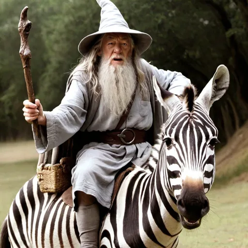 Prompt: Gandalf is telling us to stop with his hand. He is riding a zebra.