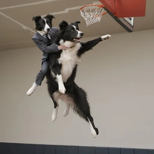 Prompt: A border collie wearing a suit is jumping above a very tall basket-ball player