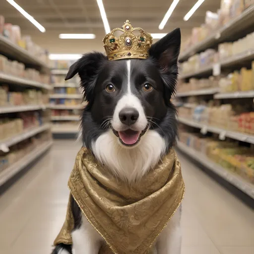 Prompt: A photorealistic border collie wearing a noble costume buy some stuff in a supermarket.