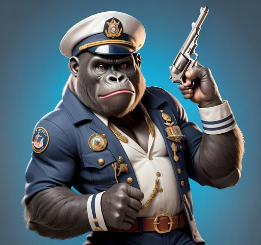 Prompt: Create an image of a standing gorilla dressed as a yacht Captain wearing a captains hat, holding a .45 pistol in his right hand, pointed straight at the observer. He is facing directly at the observer.