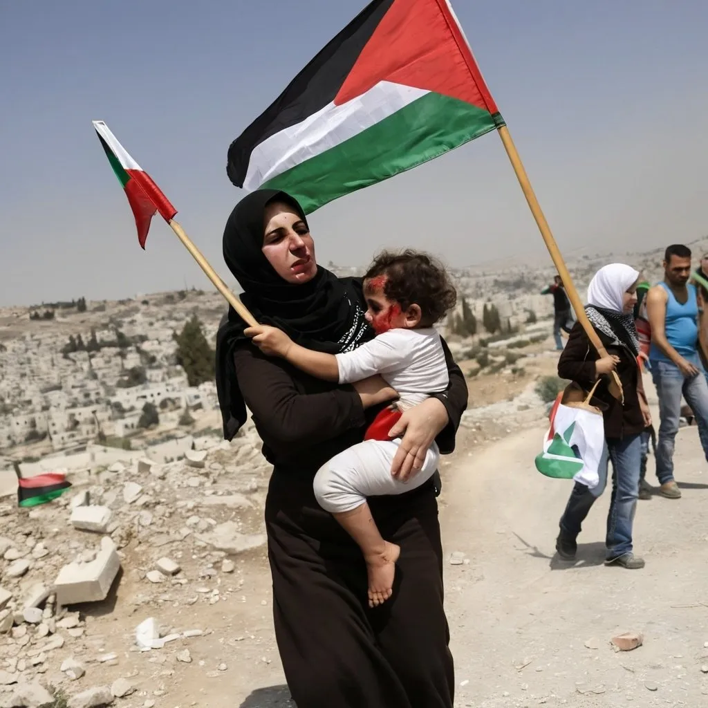 Prompt: A women swept in a palestinian flag holding a wounded child