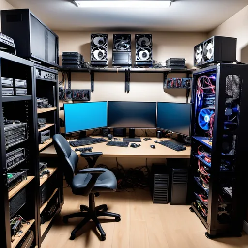 Prompt: A computer workshop without people only tools a nice computer gaming rig other pc parts and decluttered space workshop