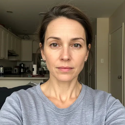 Prompt: “A casual selfie of a woman around 40 years old, natural lighting, slight wrinkles and imperfections, relaxed expression, simple background like a kitchen or living room, slightly blurry or grainy for authenticity, no makeup or minimal makeup, candid and unposed.”
