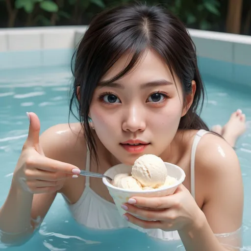 Prompt: A very attractive asian girl is laying covered in white ice cream. She is very beautiful, cute, proportional, adult, attractive. She has 2 eyes, 2 arms, 2 beautiful hands with 5 fingers on each palm with gently cut nails colored black on every finger, 2 legs and 2 bare feet with 5 toes on each foot. On the background, there is a white swimming pool with crystal clear water and trees hanging around it. Game, pubg game style, girl, woman, beautiful, hyperrealistic, realistic, 8k, high render quality, SSAO, ISO, RTX, ray tracing, summer.