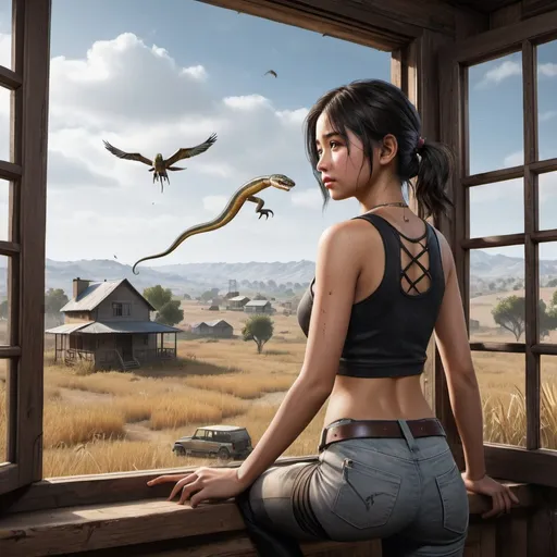 Prompt: PUBG MOBILE. An attractive asian girl wearing leggins and a crop top is sitting in a small house with a rifle in her hands. She is cute, beautiful, realistic, about 20 years old, has 2 arms, 2 legs, 2 feet, 2 palms, 5 fingers on each palm and 2 eyes. The cabin has a big window in the center, and multiple hills can be seen on the background. The girl looks through the window as she sees a car sorrounded by snakes. In the background, there is a field full of snakes slithering around. Pubg, PUBG, PUBG Mobile, hyperrealistic, realistic, battle, nature, bird, battlegrounds, game, gaming, indoor, room.