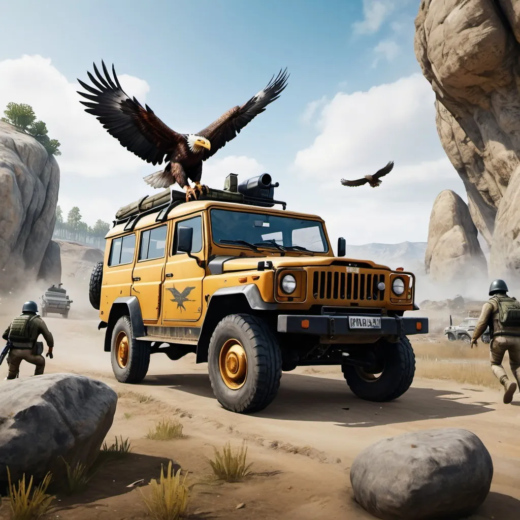 Prompt: PUBG MOBILE. An UAZ vehicle with four soldiers inside ran into a giant rock and smacked. An eagle is flying fast towards the car. The eagle has two wings and is completely visible. Pubg, PUBG, PUBG Mobile, hyperrealistic, realistic, battle, nature, bird, battlegrounds, game, gaming, indoor, room.