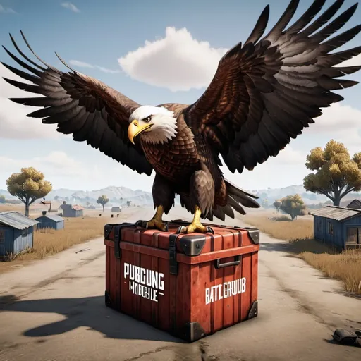 Prompt: In the game PUBG mobile, a massive eagle has picked up a big red airdrop crate. There are 4 houses stamding by a road in the background. The eagle has lifted it up in the air, holding it tight in his claws. The eagle has two wings, one head, one beak and is proportional. It is carrying the airdrop away as a soldier sits on the ground crying because his airdrop has been stolen. Pubg, PUBG mobile, game, battlegrounds, realistic, 8k, in the center of the screen, sky.